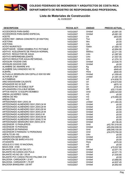 lista de productos de construcción (tabla)