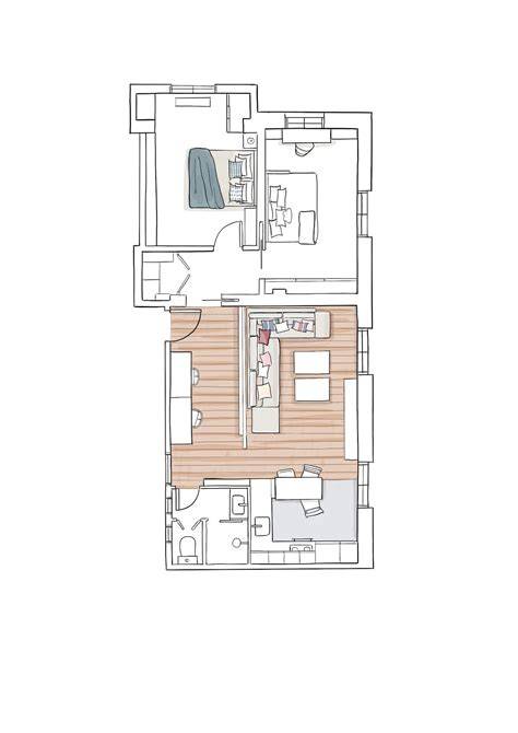 interiores de piso de 60 m2 con distribución multifuncional