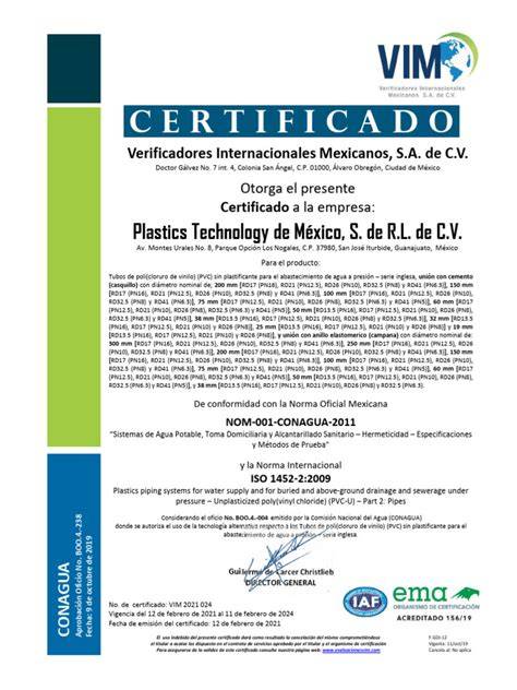 certificado sin PVC