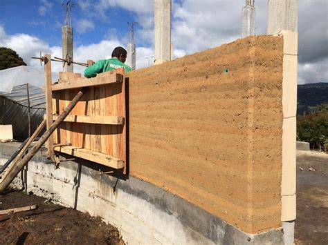 muro de tapial con compuestos y encofrado de madera