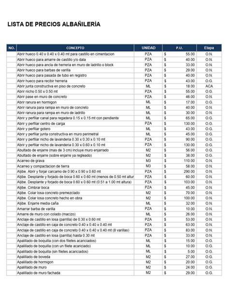 tabla de precios estimados de albañilería en Bilbao