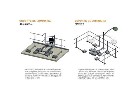 Detalle de lunas de seguridad y soportes de luminarias