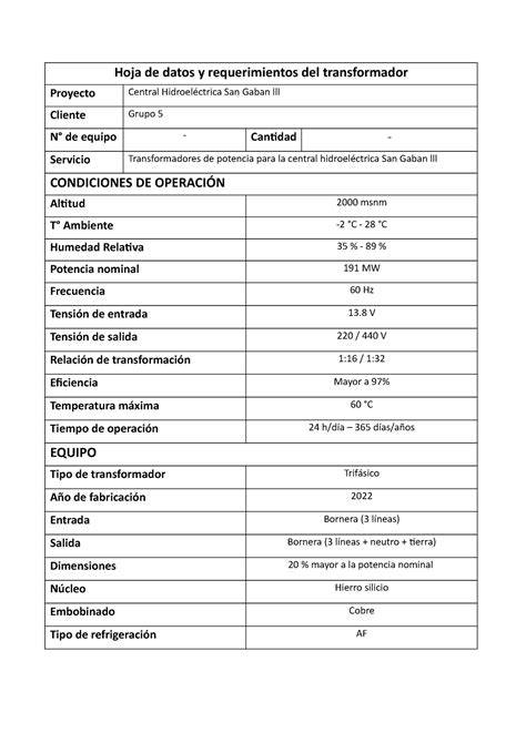 hoja de datos transformador 1600 kVA