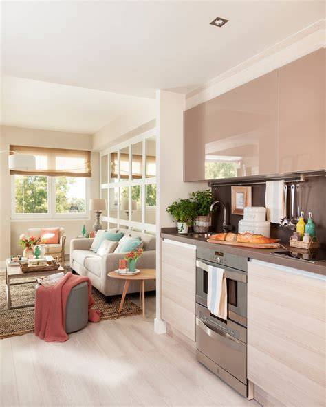 idea de distribución de salón con cocina integrada