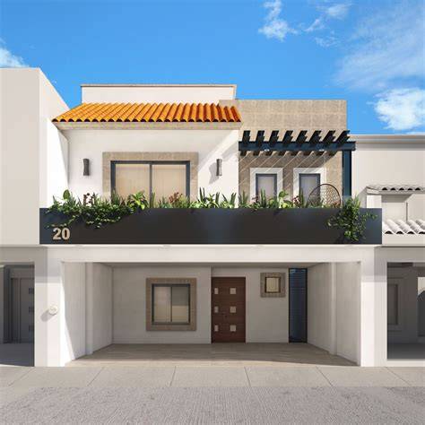fachada moderna dos pisos teja barro (render)